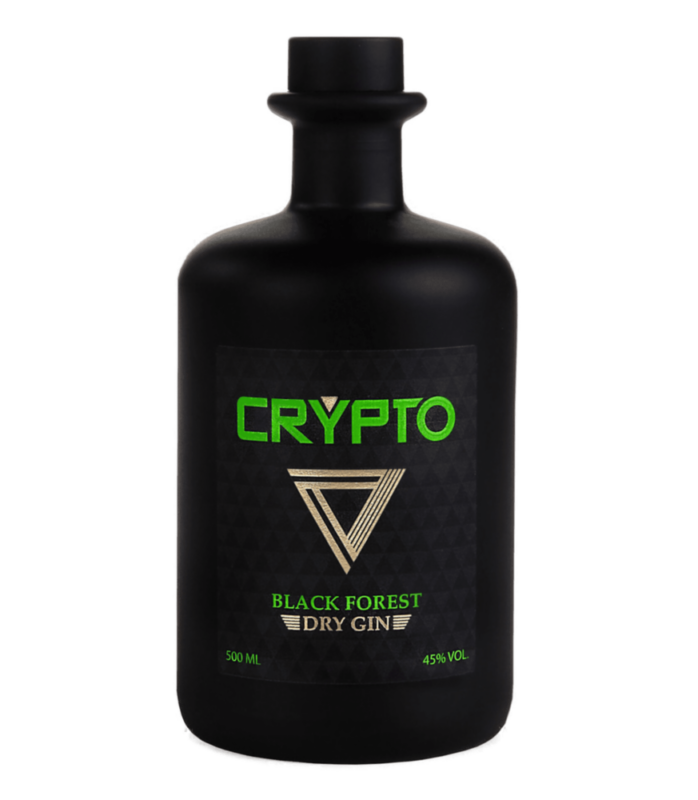 Eine schwarze Flasche mit dem Crypto Gin aus dem Schwarzwald