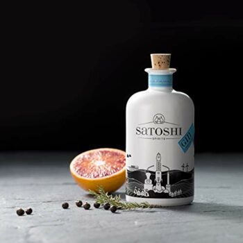 Eine Flasche mit dem Satoshi Spirits Crypto Bitcoin Gin steht neben einer Orange