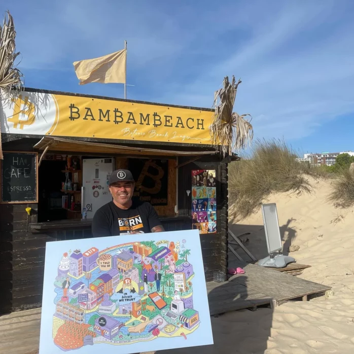 Das Bitcoin Wimmelbild wir von einem Käufer vor einer Strandbar stolz präsentiert
