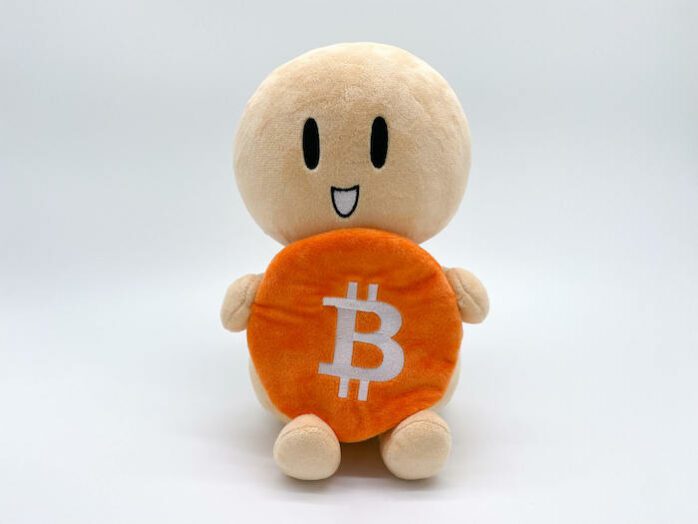 Bitcoin Plüschtier The Little Hodler sitzt auf dem Boden und ist von vorne zu sehen, es hält eine Bitcoin Münze in beiden Händen