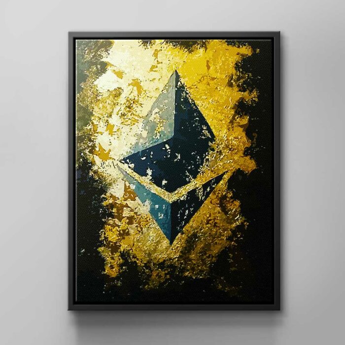 Ein aufgehängtes Wandbild zur Kryptowährung Ethereum, mit blauen, goldenen und schwarzen Akzenten und schwarzem Rahmen