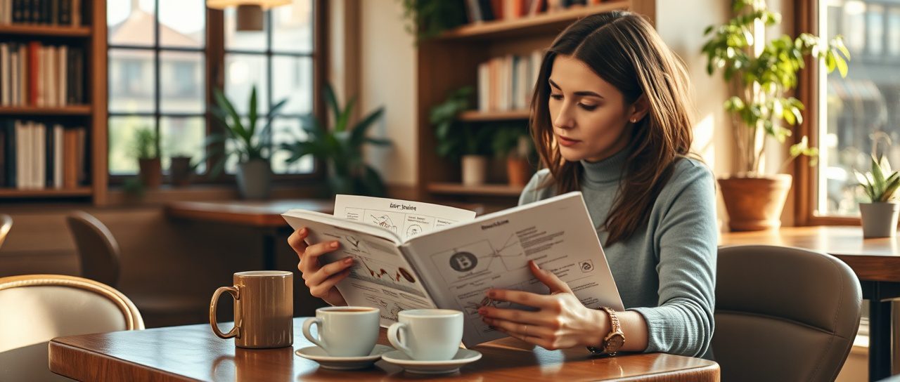 Eine Frau sitzt einem Café und liest ein Bitcoins-Buch